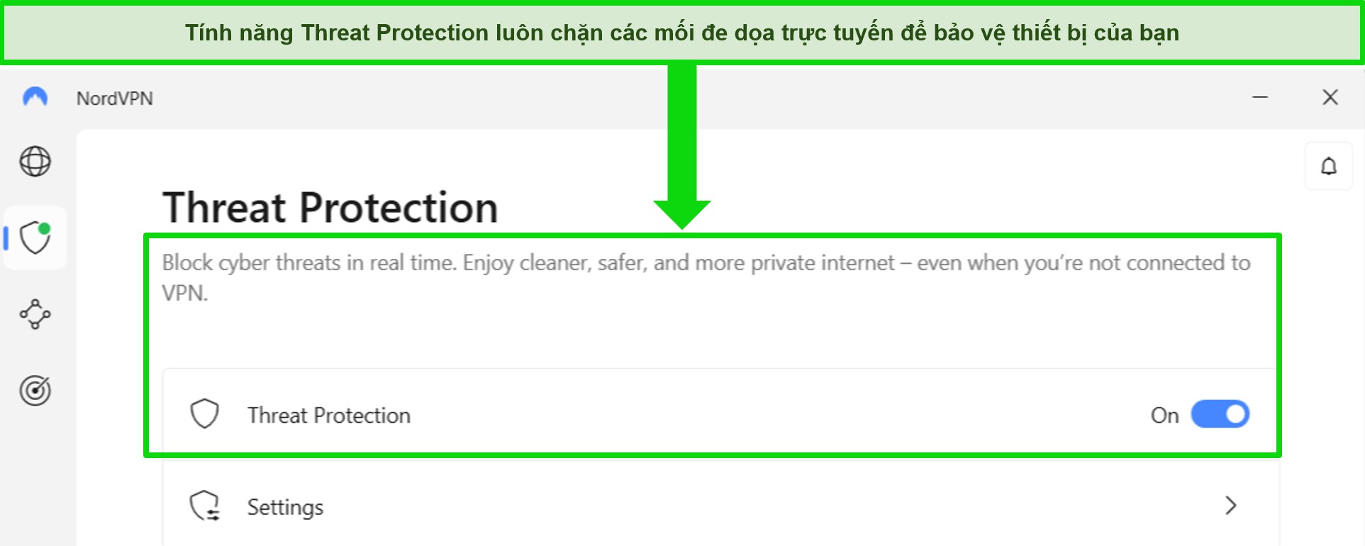 Ảnh chụp m&agrave;n h&igrave;nh ứng dụng Windows của NordVPN hiển thị t&iacute;nh năng Bảo vệ khỏi Mối đe dọa lu&ocirc;n bật.
