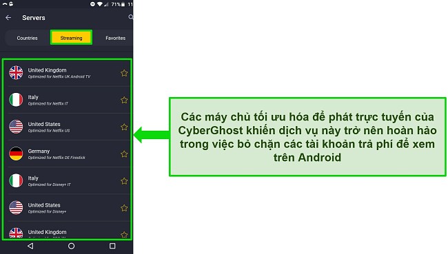 Ảnh chụp m&agrave;n h&igrave;nh menu m&aacute;y chủ ph&aacute;t trực tuyến của CyberGhost tr&ecirc;n Android