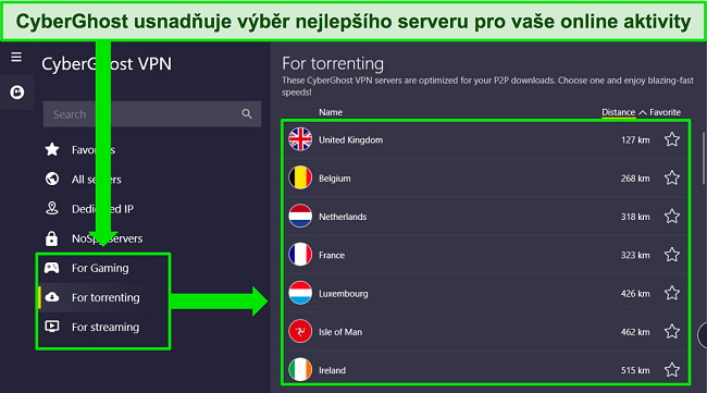 Sn&iacute;mek obrazovky aplikace CyberGhost pro Windows zv&yacute;razňuj&iacute;c&iacute; jej&iacute; v&yacute;běr optimalizovan&yacute;ch serverů.