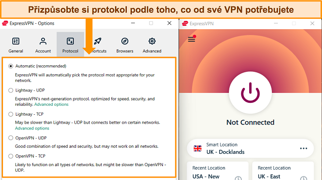 Sn&iacute;mek obrazovky aplikace ExpressVPN pro Windows, zobrazuj&iacute;c&iacute; nab&iacute;dku Možnosti a zv&yacute;razňuj&iacute;c&iacute; protokoly připojen&iacute;.