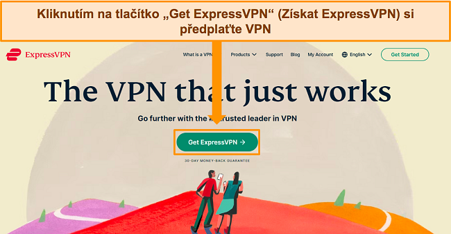 Sn&iacute;mek obrazovky domovsk&eacute; str&aacute;nky ExpressVPN se zv&yacute;razněn&iacute;m tlač&iacute;tka &bdquo;Get ExpressVPN&ldquo;.