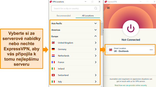 Sn&iacute;mek obrazovky zobrazuj&iacute;c&iacute; aplikaci ExpressVPN pro Windows a dostupnou nab&iacute;dku serveru.