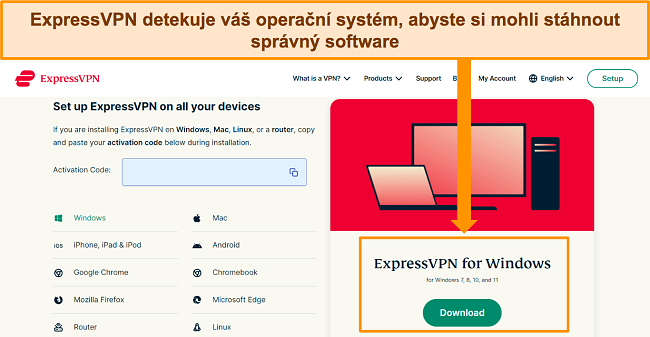 Sn&iacute;mek obrazovky str&aacute;nky pro stahov&aacute;n&iacute; softwaru ExpressVPN na jej&iacute;m webu.