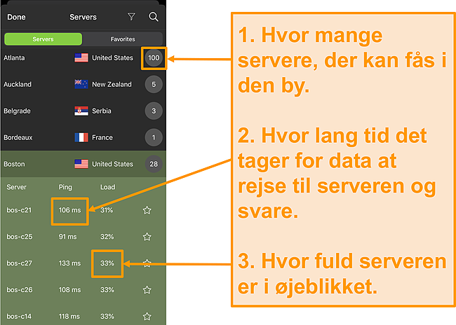 Sk&aelig;rmbillede af IPVanish-serverliste med servernumre, ping og serverbelastning fremh&aelig;vet