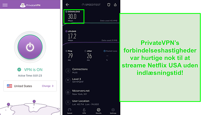 Sk&aelig;rmbillede af PrivateVPN forbundet til US server og Ookla hastighedstest