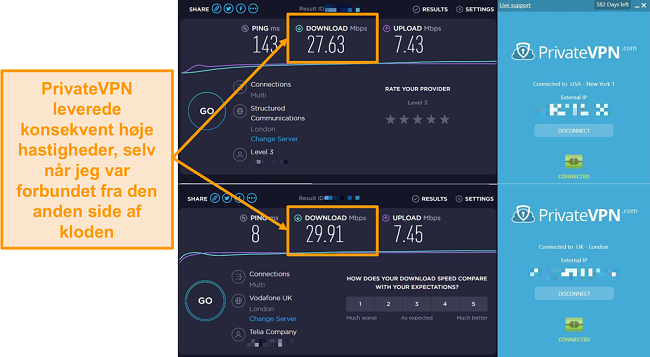 Sk&aelig;rmbillede af PrivateVPN-hastighedssammenligning