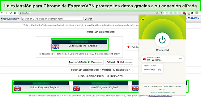 Captura de pantalla de la extensi&oacute;n de Chrome de ExpressVPN conectada a un servidor del Reino Unido, con una prueba de IPLeak.net que muestra cero fugas de datos.