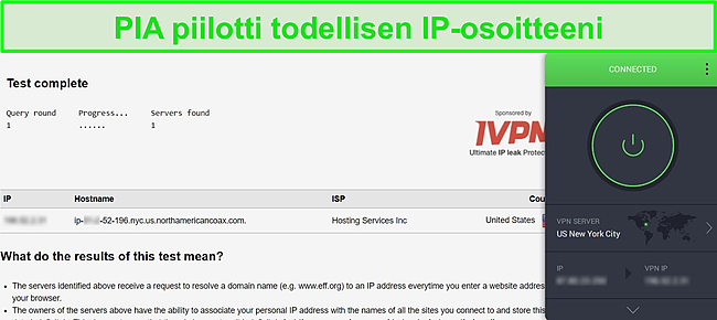 N&auml;ytt&ouml;kuva Yhdysvaltain palvelimeen yhdistetyst&auml; PIA: sta ja DNS-vuototestituloksista, joissa ei ole vuotoja