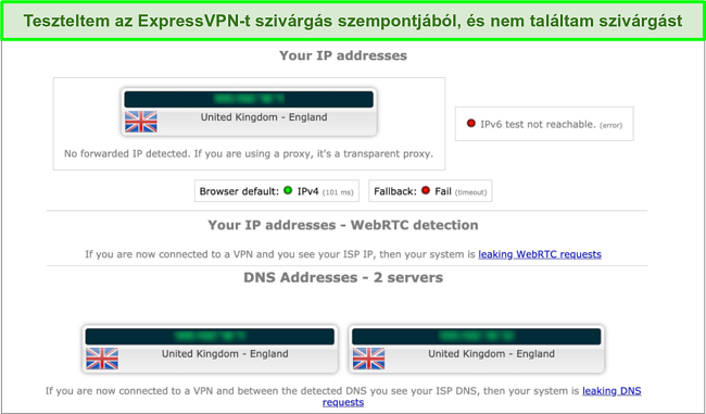 A k&eacute;pernyők&eacute;pe az ExpressVPN sziv&aacute;rg&aacute;si teszt eredm&eacute;nyeiről, amikor az Egyes&uuml;lt Kir&aacute;lys&aacute;gban egy szerverhez kapcsol&oacute;dik