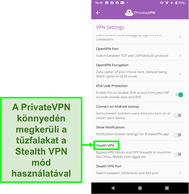 A PrivateVPN Android alkalmaz&aacute;s k&eacute;pernyők&eacute;pe, amely Stealth VPN funkci&oacute;t mutat, amely seg&iacute;t megker&uuml;lni a VPN blokkokat
