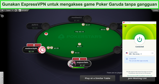 Tangkapan layar server ExpressVPN New Jersey mengakses aplikasi Windows PokerStars