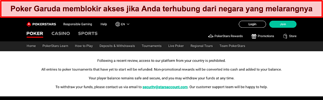 Tangkapan layar pesan kesalahan saat mencoba mengakses PokerStars dari negara terlarang