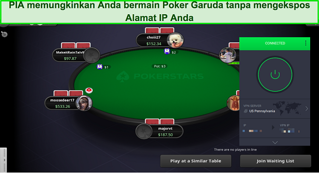 Tangkapan layar permainan PokerStars saat PIA terhubung ke server di Pennsylvania, AS