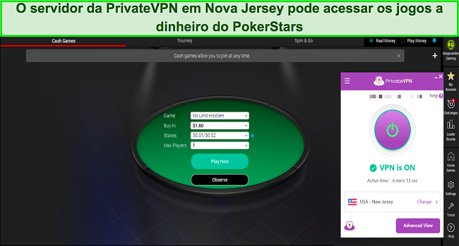 Captura de tela da op&ccedil;&atilde;o de assento r&aacute;pido do PokerStars enquanto o PrivateVPN est&aacute; conectado a um servidor em Nova Jersey, EUA