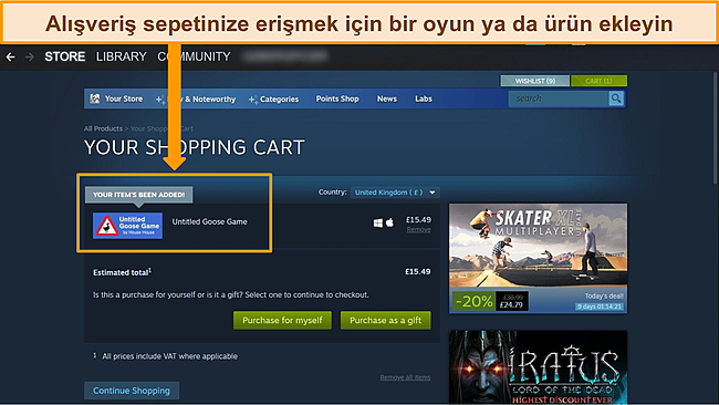Sepete yeni eklenen bir oyunu &ccedil;evreleyen vurgulu Steam panosunun ekran g&ouml;r&uuml;nt&uuml;s&uuml;.
