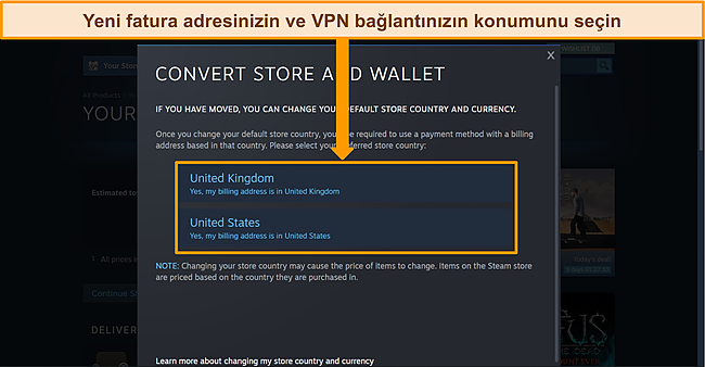 Konum se&ccedil;eneklerinin vurgulandığı Steam "Mağazayı ve C&uuml;zdanı D&ouml;n&uuml;şt&uuml;r" men&uuml;s&uuml;n&uuml;n ekran g&ouml;r&uuml;nt&uuml;s&uuml;.