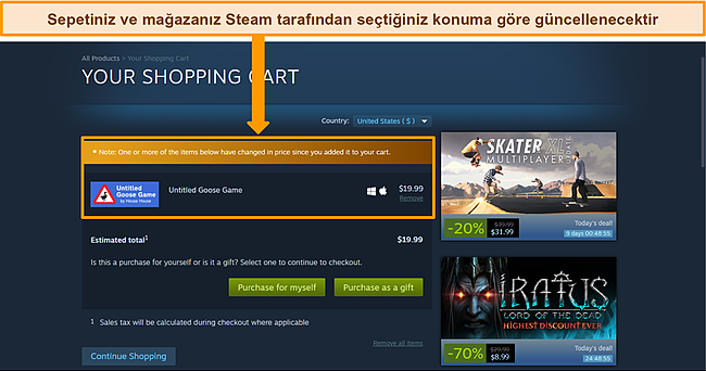 Yeni se&ccedil;ilen konumla eşleşmesi i&ccedil;in g&uuml;ncellenmiş para birimi ve alışveriş sepeti ile Steam panosunun ekran g&ouml;r&uuml;nt&uuml;s&uuml;.