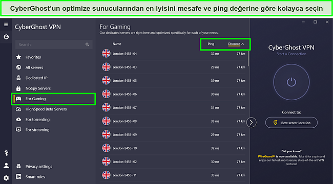 CyberGhost'un ping ve mesafeli sıralama se&ccedil;eneklerinin vurgulandığı &ouml;zel oyun sunucularının ekran g&ouml;r&uuml;nt&uuml;s&uuml;.