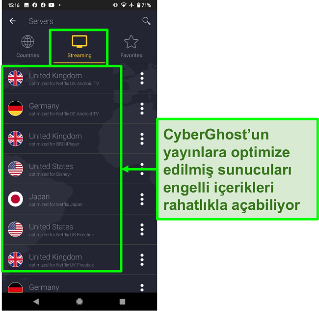 CyberGhost'un akış i&ccedil;in optimize edilmiş sunucularının ekran g&ouml;r&uuml;nt&uuml;s&uuml;