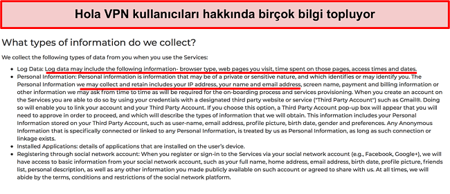 IP adresini kaydettiğini g&ouml;steren Hola VPN gizlilik politikasının ekran g&ouml;r&uuml;nt&uuml;s&uuml;