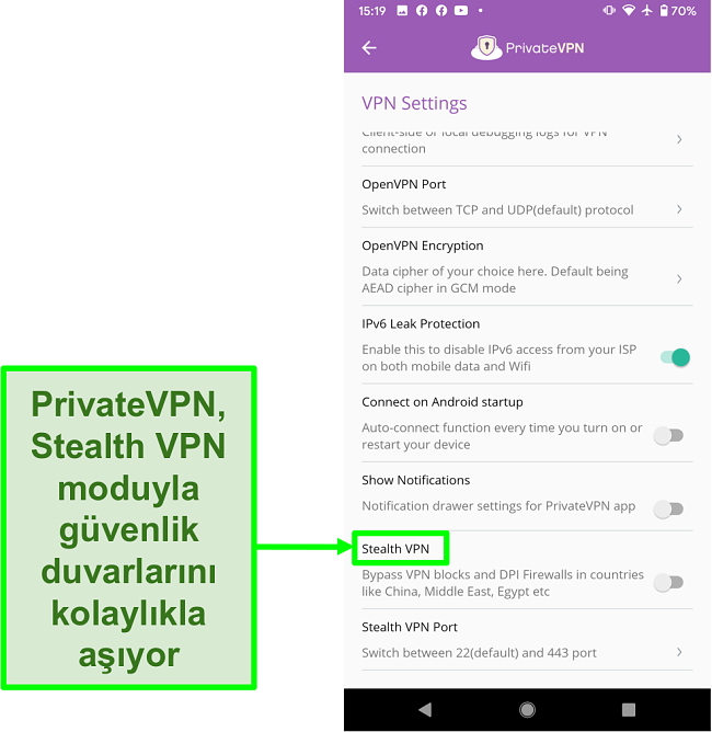 VPN engellerini aşmaya yardımcı olan Stealth VPN &ouml;zelliğini g&ouml;steren PrivateVPN Android uygulamasının ekran g&ouml;r&uuml;nt&uuml;s&uuml;