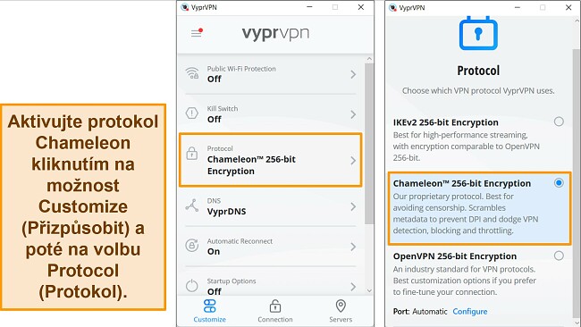 Sn&iacute;mky obrazovky aplikace VyprVPN pro Windows, kter&eacute; ukazuj&iacute;, jak naj&iacute;t a změnit protokol připojen&iacute; na Chameleon