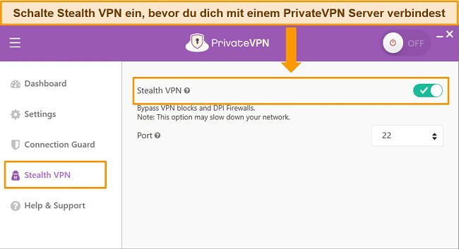 Screenshot der Windows-App von PrivateVPN, der die Stealth-VPN-Funktion hervorhebt
