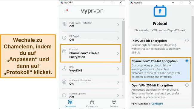 Screenshots der Windows-App von VyprVPN, die zeigen, wie man das Verbindungsprotokoll zu Chameleon findet und &auml;ndert