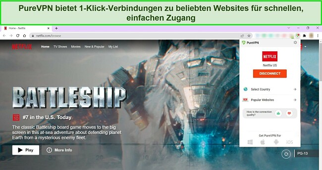 Screenshot der Chrome-Erweiterung von PureVPN, der eine Verbindung zu einem US-amerikanischen Netflix-Server zeigt, wobei Netflix in einem Chrome-Tab ge&ouml;ffnet ist