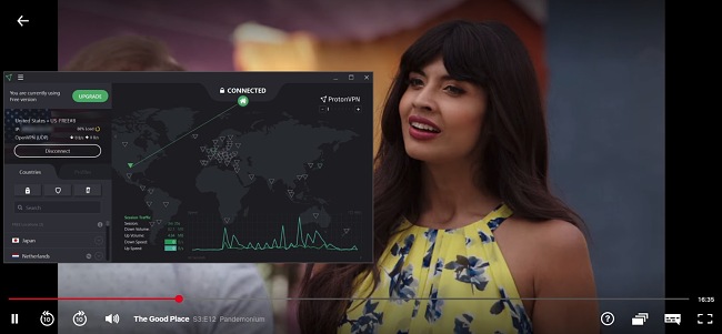Screenshot of The Good Place streaming with Proton VPN connected to a US server.