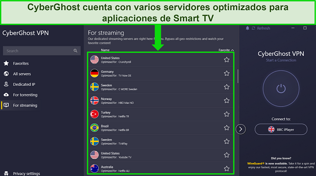 Captura de pantalla de la aplicaci&oacute;n de Windows de CyberGhost con el men&uacute; del servidor de streaming optimizado abierto y resaltado para mostrar diferentes opciones de servidor