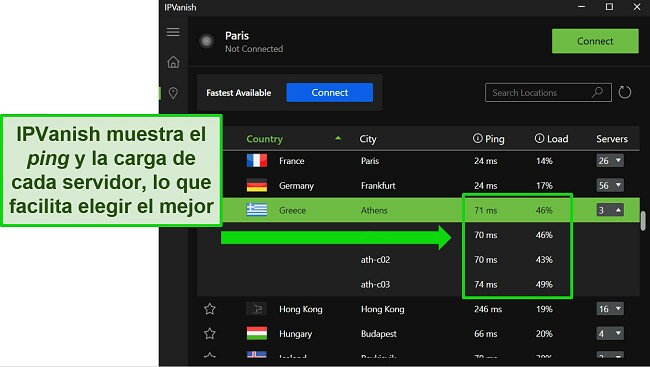 Captura de pantalla de la aplicaci&oacute;n de Windows de IPVanish, que muestra el men&uacute; de servidores individuales y destaca el ping y la carga de usuarios de los servidores