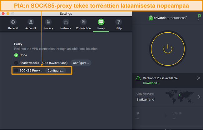 N&auml;ytt&ouml;kuva PIA-sovelluksen k&auml;ytt&ouml;liittym&auml;st&auml;, jossa n&auml;kyy SOCKS5-v&auml;lityspalvelinasetus asetuksissa