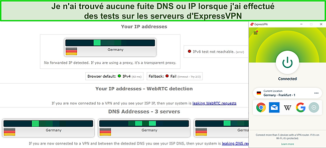 Capture d'&eacute;cran d'un test de fuite DNS et IP sur le serveur allemand d'ExpressVPN.