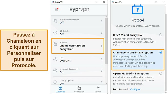 Captures d'&eacute;cran de l'application Windows de VyprVPN, montrant comment trouver et modifier le protocole de connexion &agrave; Chameleon