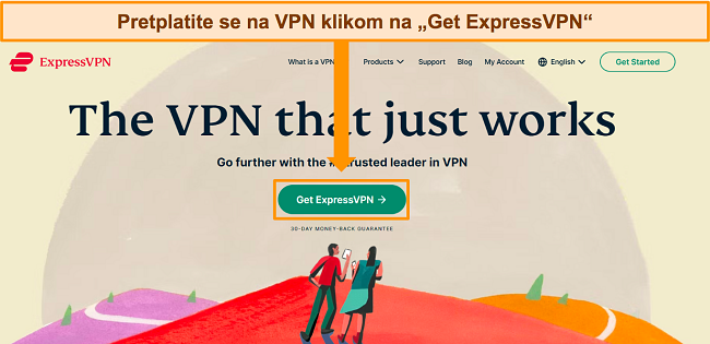 Snimka zaslona početne stranice ExpressVPN-a, na kojoj je istaknut gumb "Nabavite ExpressVPN".