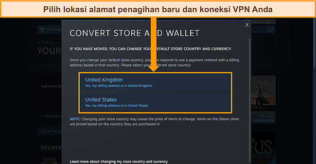 Cuplikan layar menu Steam "Convert Store and Wallet" dengan opsi lokasi disorot.