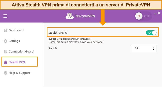 Screenshot dell'app Windows di PrivateVPN che mette in evidenza la funzione Stealth VPN