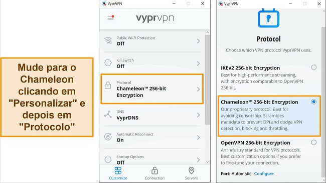Capturas de tela do aplicativo Windows do VyprVPN, mostrando como encontrar e alterar o protocolo de conex&atilde;o para Chameleon