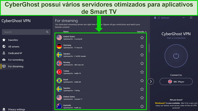 Captura de tela do aplicativo Windows do CyberGhost com o menu otimizado do servidor de streaming aberto e real&ccedil;ado para mostrar diferentes op&ccedil;&otilde;es de servidor