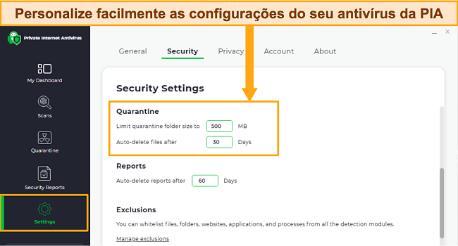 Captura de tela das configura&ccedil;&otilde;es de seguran&ccedil;a do PIA Antivirus mostrando op&ccedil;&otilde;es de configura&ccedil;&atilde;o personaliz&aacute;veis