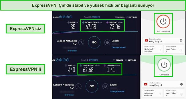 Biri VPN bağlantısı olmayan ve diğeri Hong Kong sunucusuna bağlı ExpressVPN olan 2 Ookla hız testinin ekran g&ouml;r&uuml;nt&uuml;s&uuml;.