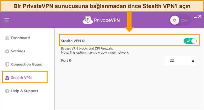 Gizli VPN &ouml;zelliğini vurgulayan PrivateVPN'in Windows uygulamasının ekran g&ouml;r&uuml;nt&uuml;s&uuml;