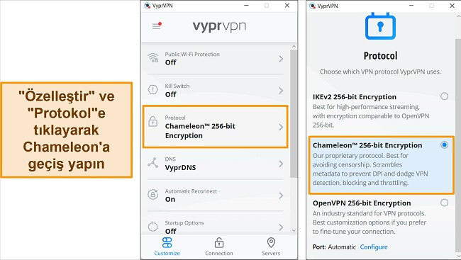 VyprVPN'in Windows uygulamasının, bağlantı protokol&uuml;n&uuml;n nasıl bulunacağını ve Chameleon olarak değiştirileceğini g&ouml;steren ekran g&ouml;r&uuml;nt&uuml;leri