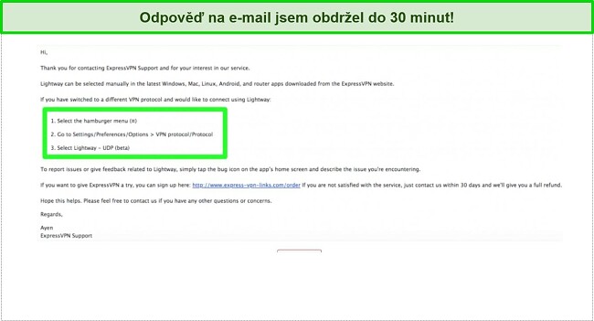 Sn&iacute;mek obrazovky e-mailov&eacute; konverzace s t&yacute;mem z&aacute;kaznick&eacute; podpory ExpressVPN o protokolu LightWay