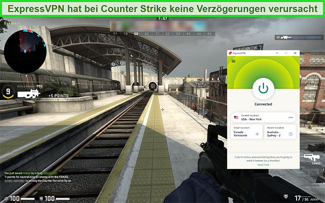 Screenshot von ExpressPVN, das mit einem US-Server verbunden ist, w&auml;hrend ein Benutzer Counterstrike spielt
