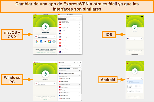 Captura de pantalla de las interfaces de la aplicaci&oacute;n ExpressVPN para Windows, Android, Mac y iPhone