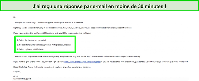 Capture d'&eacute;cran d'une conversation par e-mail avec l'&eacute;quipe d'assistance client d'ExpressVPN &agrave; propos du protocole LightWay.