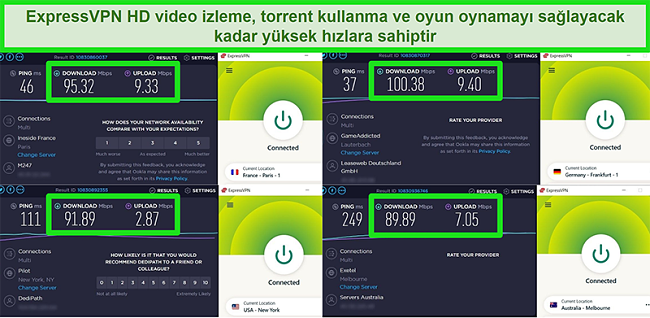 ExpressVPN'in k&uuml;resel olarak farklı sunuculara bağlandığında hız testi sonu&ccedil;larının ekran g&ouml;r&uuml;nt&uuml;leri