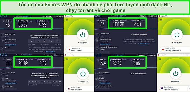 Ảnh chụp m&agrave;n h&igrave;nh kết quả kiểm tra tốc độ của ExpressVPN khi được kết nối với c&aacute;c m&aacute;y chủ kh&aacute;c nhau tr&ecirc;n to&agrave;n cầu